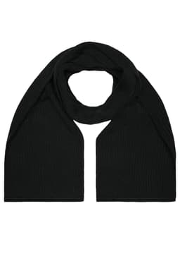 A knitted scarf in solid black, featuring a ribbed texture and a logo.