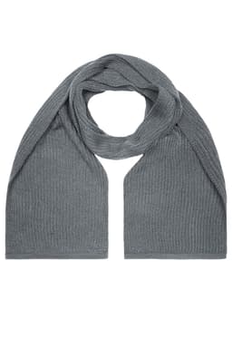 A grey knitted scarf, featuring a ribbed texture, displayed in a draped position. It has a logo on it.