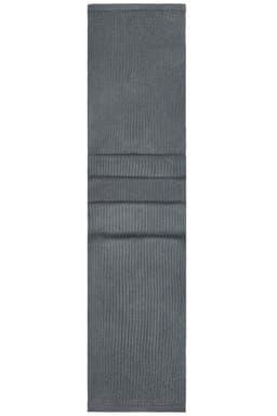 A knitted scarf in a solid grey colour, featuring a ribbed texture and folds. It includes a logo.