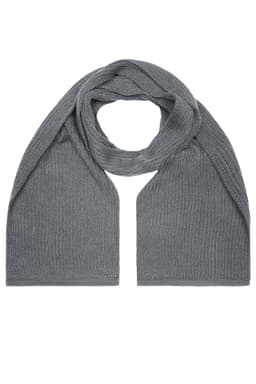 A grey knitted scarf laid out flat, featuring a textured design and a simple style. 