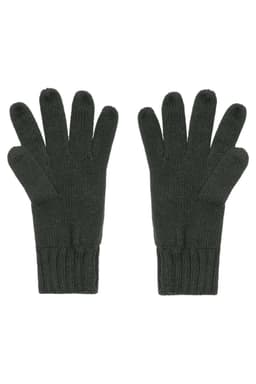 A pair of dark green knitted gloves with a ribbed cuff, displayed flat. The gloves have five fingers each and feature a logo.