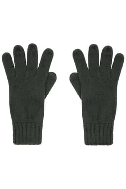 A pair of dark green knitted gloves displayed flat, featuring a ribbed cuff. The gloves have a textured design.