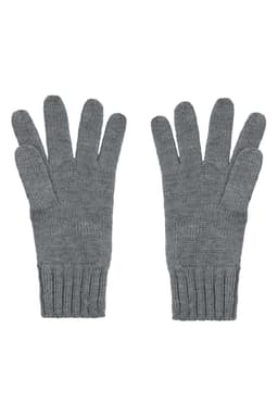 A pair of grey knitted gloves with ribbed cuffs, featuring a textured pattern and five fingers each.