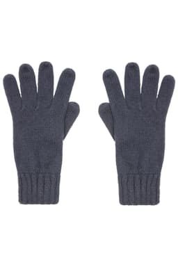 Knitted gloves in dark grey, featuring a ribbed cuff and five-finger design, with a logo present.