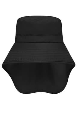 A black Function Hat with a wide neck guard and a logo on the front, designed for outdoor wear.