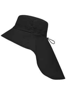 A black hat with a wide brim and an extended neck guard, featuring adjustable tie.