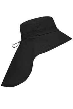 A black hat with a wide brim and a neck guard, featuring an adjustable drawstring.