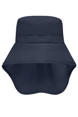 A navy hat with a wide brim and an attached neck guard, featuring a logo on the front.