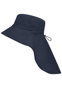 A navy blue sun hat with a wide brim and an attached neck guard, featuring an adjustable drawstring.