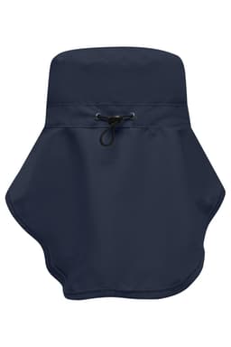A navy blue Function Hat with a neck guard, featuring an adjustable drawstring for a secure fit and a logo.