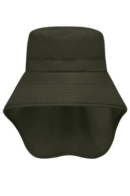 A green hat with a wide brim and attached neck guard, designed for sun protection. It features a simple design.