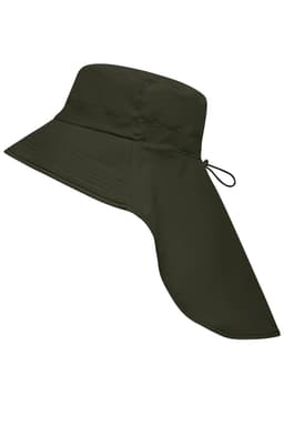 A dark green hat with a wide brim and a neck guard, featuring an adjustable drawstring and a logo.