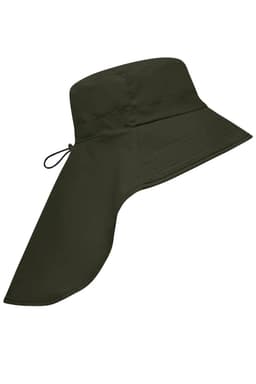 A dark green bucket hat with a large neck guard and an adjustable drawstring. Features a logo on the side.