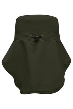 A dark green Function Hat with a neck guard, featuring an adjustable drawstring and a wide brim design.