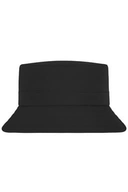 A black fisherman hat with a wide brim and a structured crown, featuring a logo on the side.