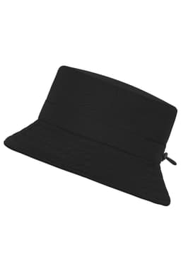 A black fisherman hat with a wide brim and an adjustable tie at the back. It features a branding logo.