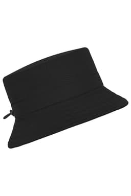 A black fisherman hat with a wide brim and adjustable strap. It features a logo on the side.