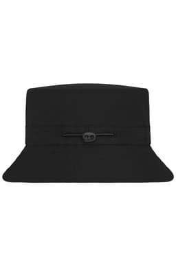 A black fisherman hat featuring a wide brim and a drawstring for adjustment, with a logo on the front.