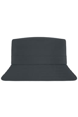 A dark grey fisherman hat with a wide brim and a structured design, featuring a logo on the side.