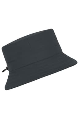 A black fisherman hat with a wide brim and adjustable drawstring, featuring a simple design.
