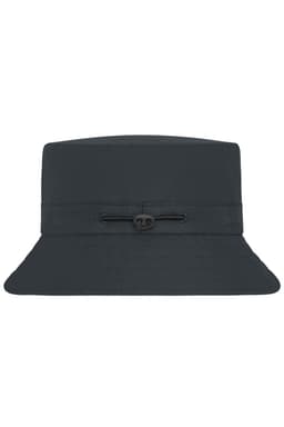 A dark grey fisherman hat with a wide brim and an adjustable drawstring for a secure fit. Features a logo.