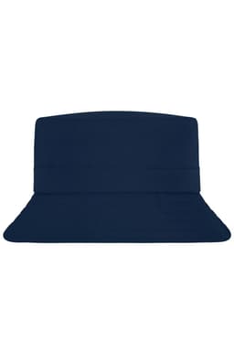 A navy fisherman hat with a wide brim and a structured design, featuring a logo on the side.