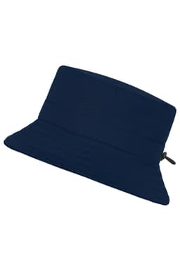 A navy blue fisherman hat with a wide brim and an adjustable strap. It features a logo on the side.