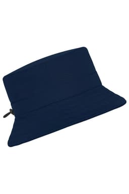 A navy blue fisherman hat with a wide brim and adjustable drawstring, featuring a logo.