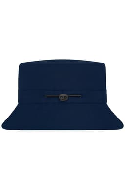 A navy fisherman hat with a wide brim and a drawstring feature. The hat has a logo on it.