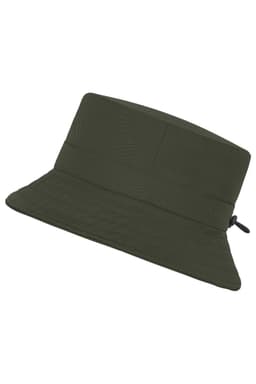 A green fisherman hat featuring a wide brim and a textured design, with a logo present.