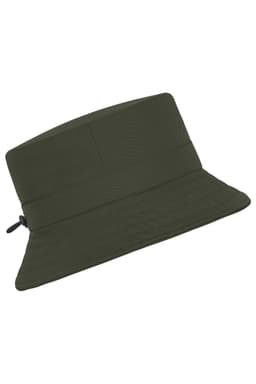 A green fisherman hat featuring a wide brim and an adjustable cord. Includes a subtle logo.