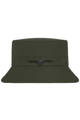 A green Fisherman Hat with a wide brim and adjustable toggle for a secure fit. Features a branding logo.