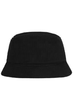 A black corduroy fisherman hat with a structured, bucket-style design and a subtle logo branding.