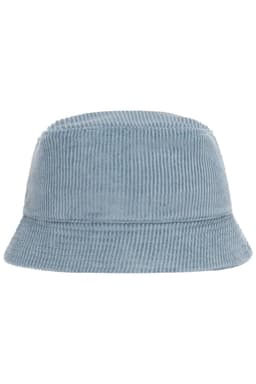 A blue corduroy bucket hat with a wide brim and a simple design, featuring a logo.