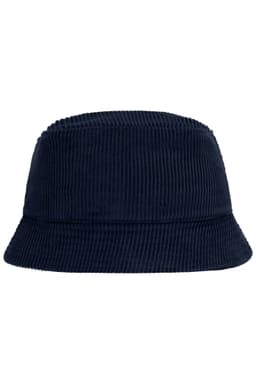 A navy corduroy fisherman hat featuring a wide brim and textured fabric. It has a logo on the side.