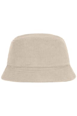 A corduroy fisherman hat in a light beige colour with a wide brim and a textured finish.