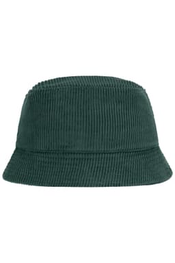 A green corduroy fisherman hat with a classic bucket design and a logo on the side.