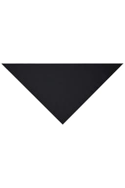 A triangular scarf in solid black fabric, featuring a simple and elegant design. It includes a brand logo.