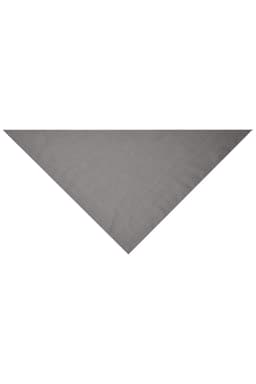A triangular scarf in a solid grey colour, showcasing a smooth texture. It features a logo.