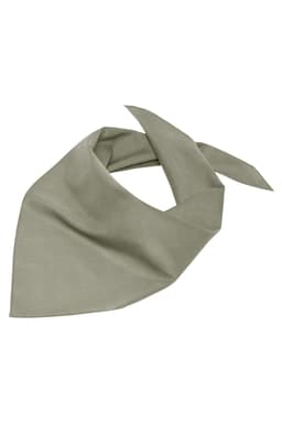 A triangular scarf in a soft sage green colour, featuring a simple design and a logo.