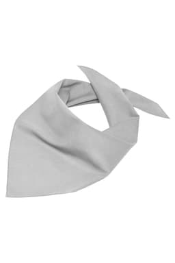 A triangular scarf in a light grey colour, featuring a simple design and tied at the ends.