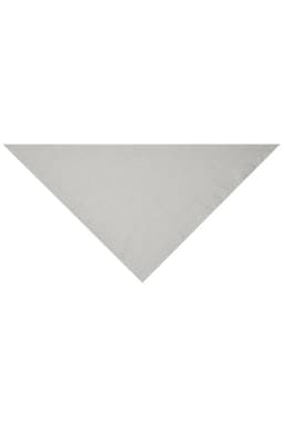 A triangular scarf in a solid grey colour, featuring a simple design with no patterns. It has a logo on one side.
