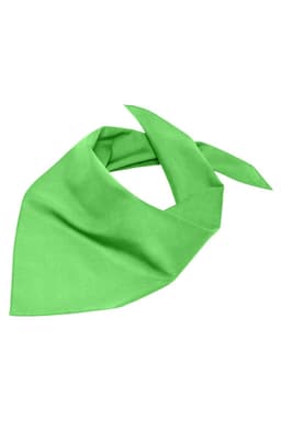 A triangular scarf in vibrant green, featuring a smooth fabric and a simple design. It has a branding logo.