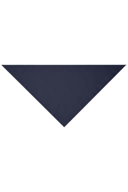 A triangular scarf in a deep navy colour with a smooth fabric texture, featuring a logo.