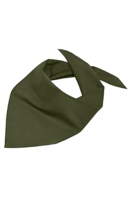 A triangular scarf in a deep olive green colour, featuring a simple design and one logo.