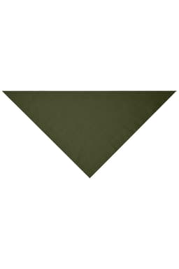 A triangular scarf in a solid olive green colour, featuring a simple design and a branding logo.