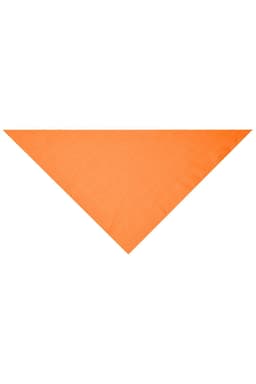 An orange triangular scarf with a smooth texture, featuring a simple design and a logo.
