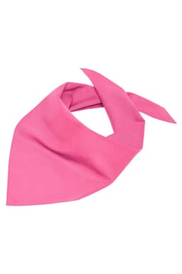A pink triangular scarf with a tied design, featured in a vibrant hue. The scarf has a simple branding.