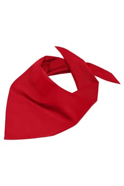 A triangular scarf in vibrant red, featuring a simple design and a branding logo.