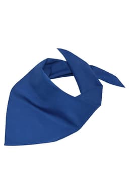 A triangular scarf in a deep blue colour with a smooth fabric texture and a simple design.